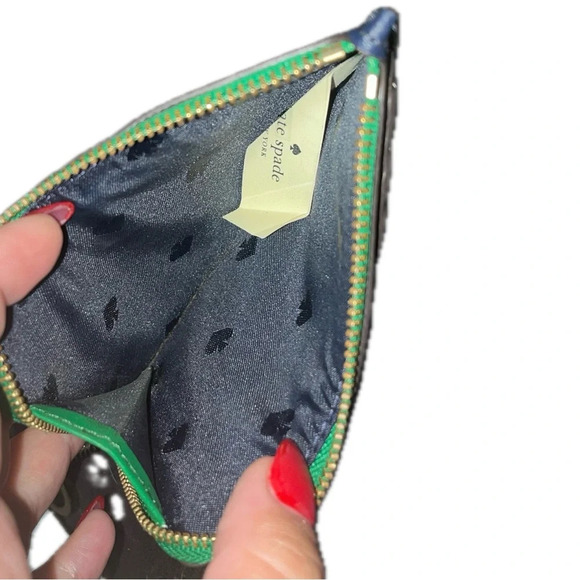 Navy, Green & White Kate Spade Leather Card Holder, Gold Zipper & Silver Accents - Picture 9 of 16